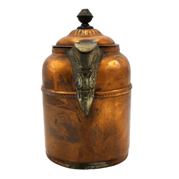 Antique Copper Brass Tea Kettle Coffee Pot Ornate Stamping Pattern Hinged Lid - Picture 4 of 9